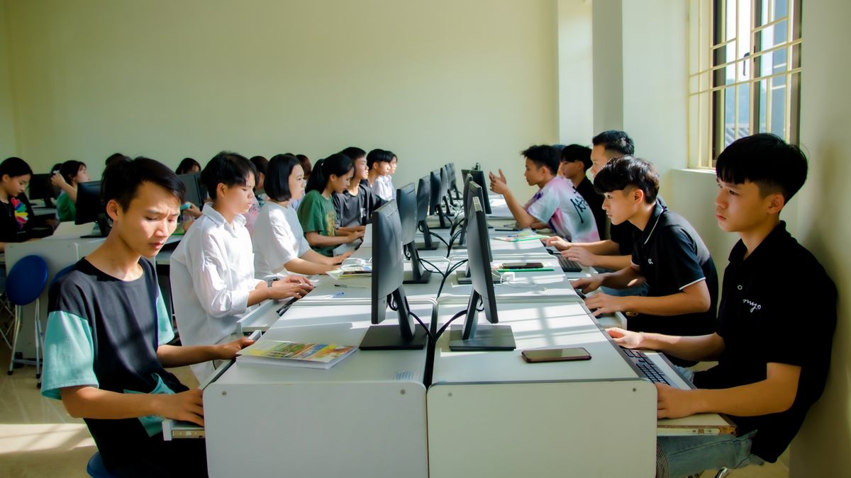 A group of students focused on computer tasks in a classroom setting, fostering teamwork.